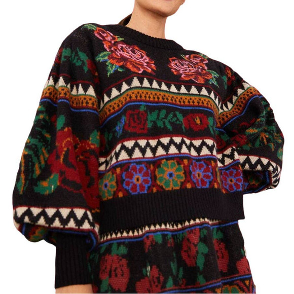 FARM Rio Sweaters - FARM Rio Flower Tapestry Jacquard Balloon Sleeve Sweater Women's Size XL NWT